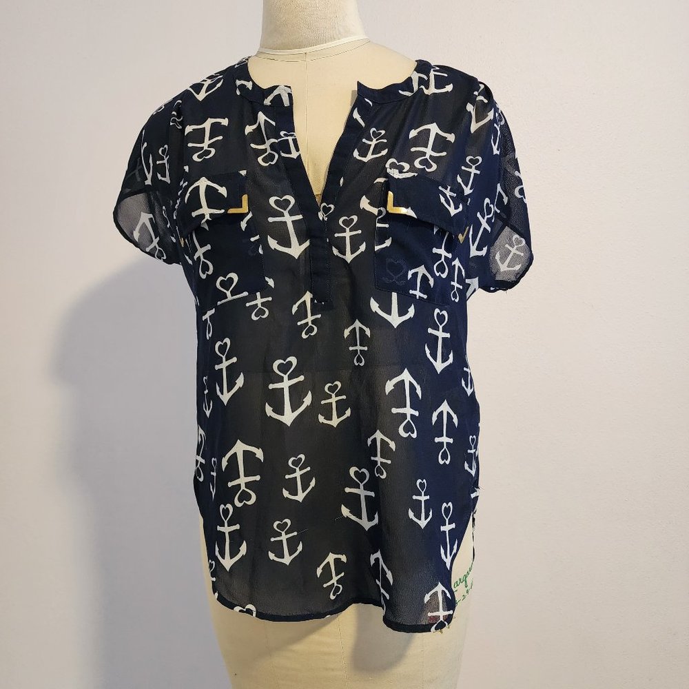Blue and White heart anchor blouse, size medium